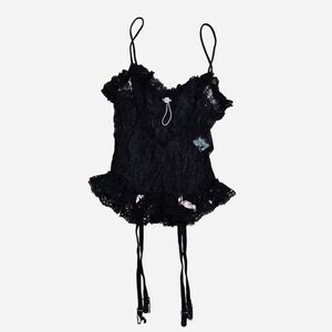 80s grunge coquette black lace teddy with pink roses and pearls